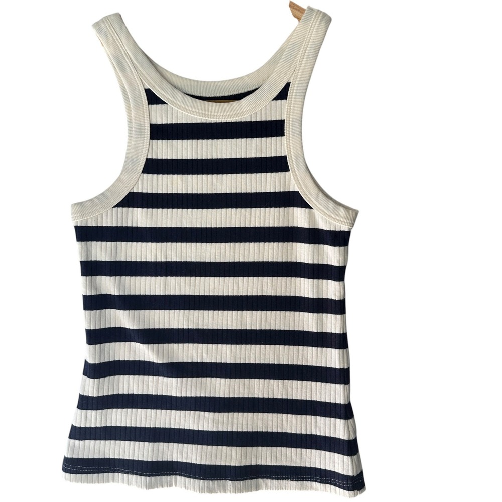 Mother The Chin Up Ribbed Cropped Tank Top Navy/White Coastal Chic Small Preppy‎